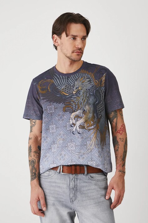 T-shirt bawełniany męski z elastanem wzorzysty kolor multicolor