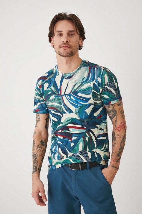 T-shirt bawełniany męski z elastanem wzorzysty kolor zielony
