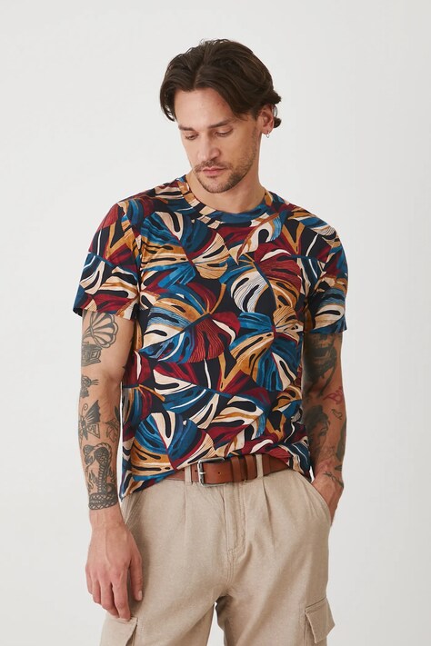 T-shirt bawełniany męski z elastanem wzorzysty kolor multicolor