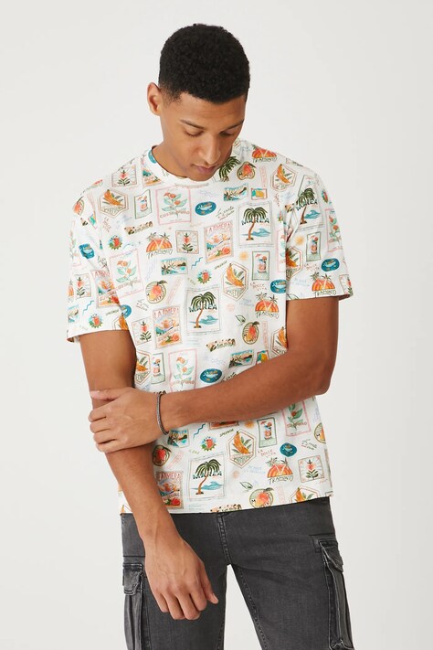 T-shirt bawełniany męski wzorzysty kolor beżowy