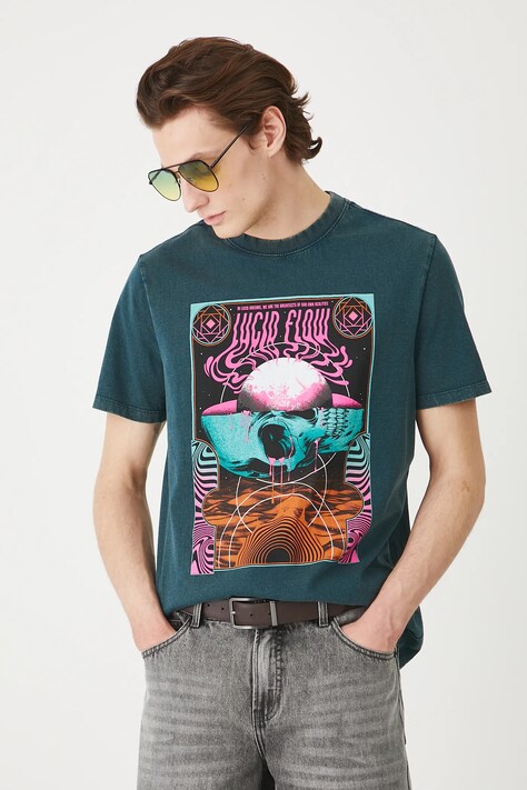 T-shirt bawełniany męski z efektem sprania kolor zielony