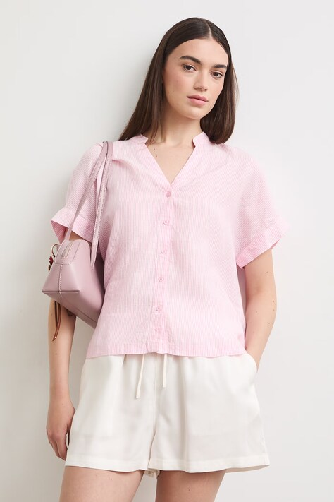 Medicine bluzka koszulowa damska lniana różowa gładka
