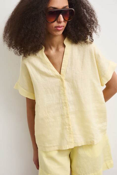 Medicine bluzka koszulowa damska lniana żółta gładka