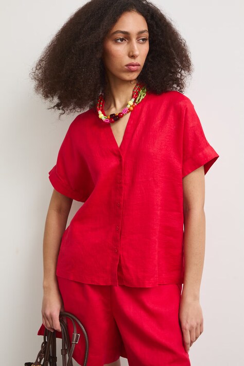 Medicine bluzka koszulowa damska lniana czerwona gładka