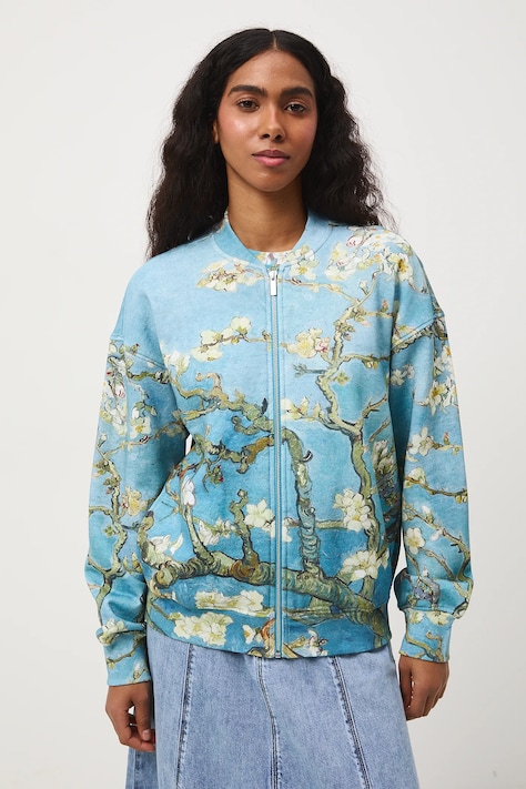 Medicine bluza bawełniana damska kolor niebieski z kapturem wzorzysta