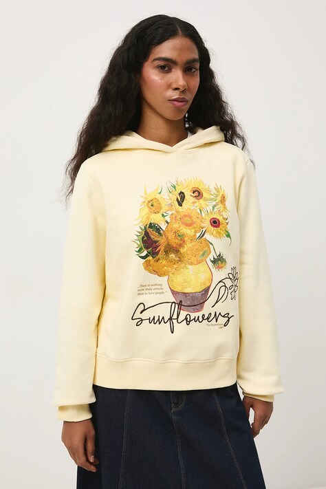 Bavlněná mikina Medicine dámská, žlutá barva, s kapucí, s potiskem