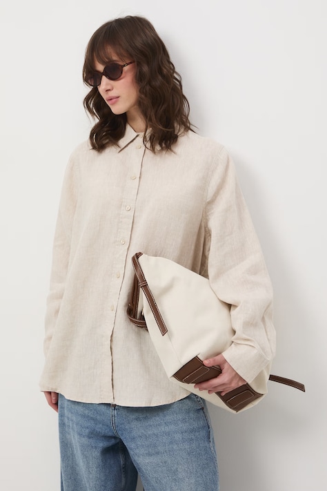Medicine koszula damska lniana beżowa gładka