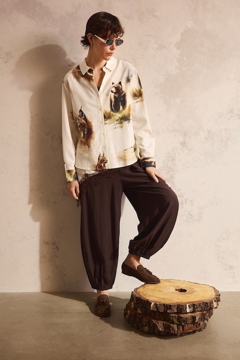 Medicine koszula damska z dodatkiem lnu beżowa zwierzęca