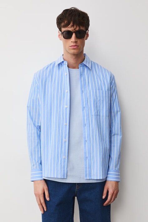 Medicine camicia da uomo in cotone con elastan blu a righe