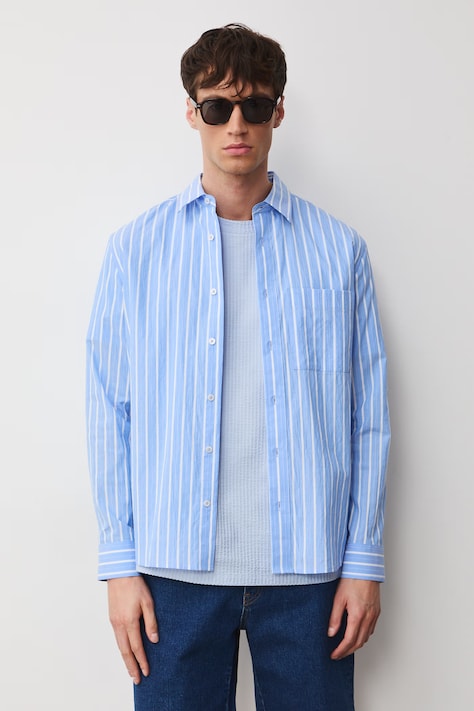 Medicine camicia da uomo in cotone con elastan blu a righe