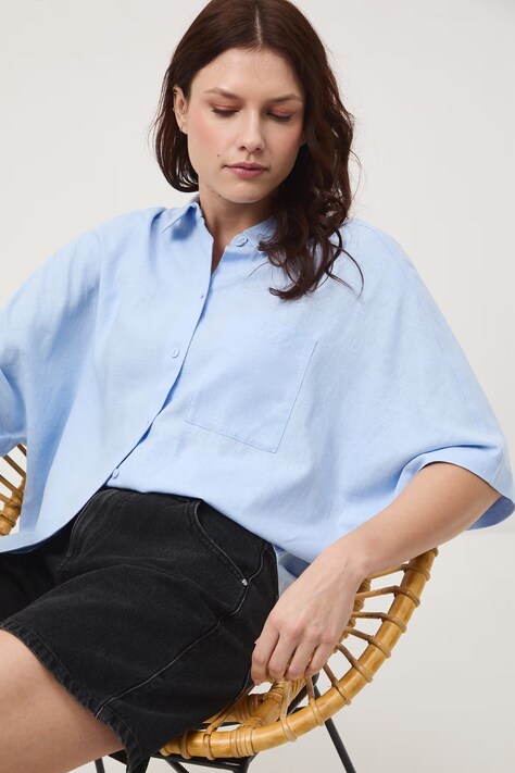 Medicine koszula damska z lnem niebieska gładka