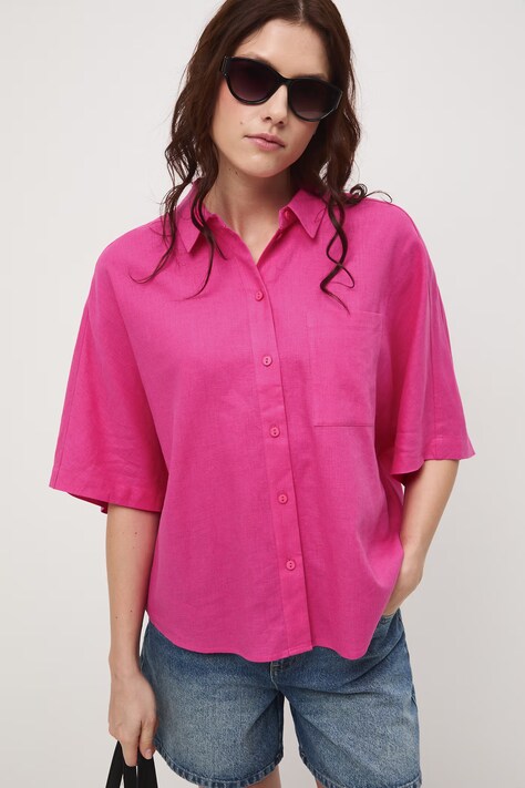 Medicine koszula damska z lnem różowa gładka