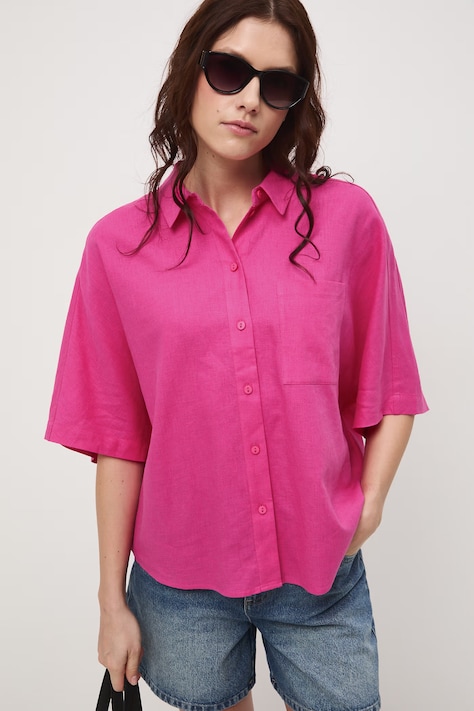 Koszula damska z lnem gładka różowa RS26-KKD700
