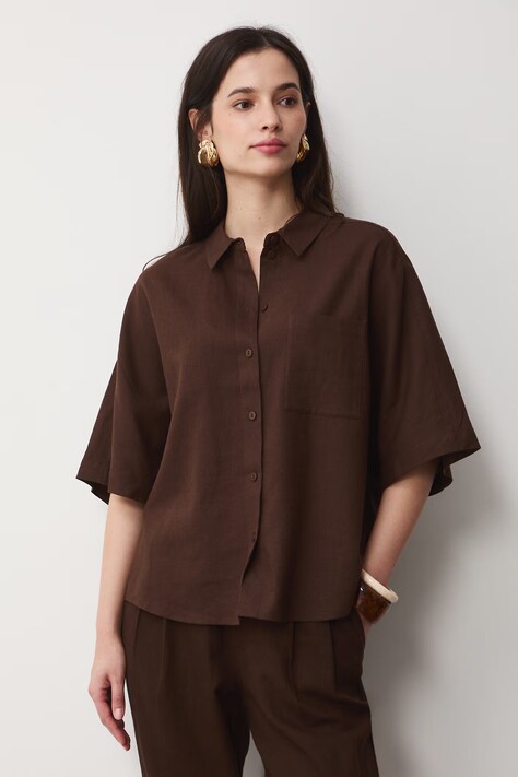 Medicine koszula damska z lnem brązowa gładka