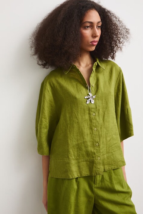 Medicine koszula damska lniana zielona gładka