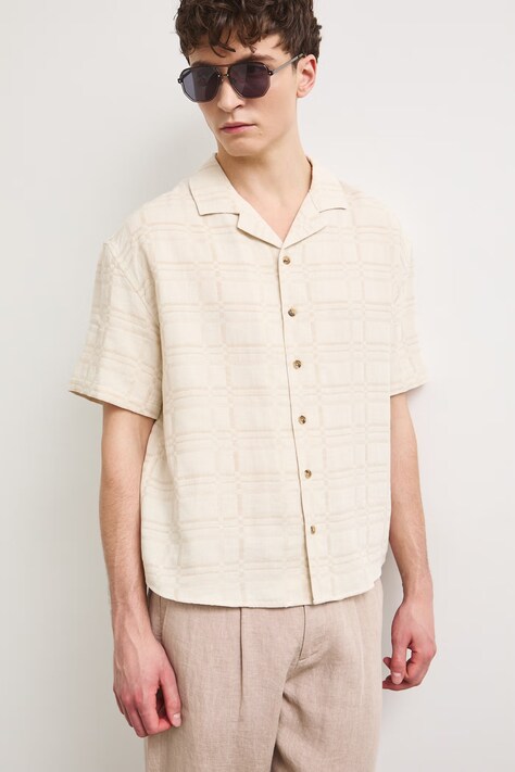 Medicine koszula męska z lnem beżowa w kratkę