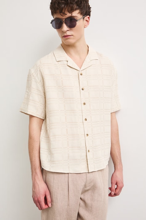 Koszula męska z lnem beżowa RS26-KKM903