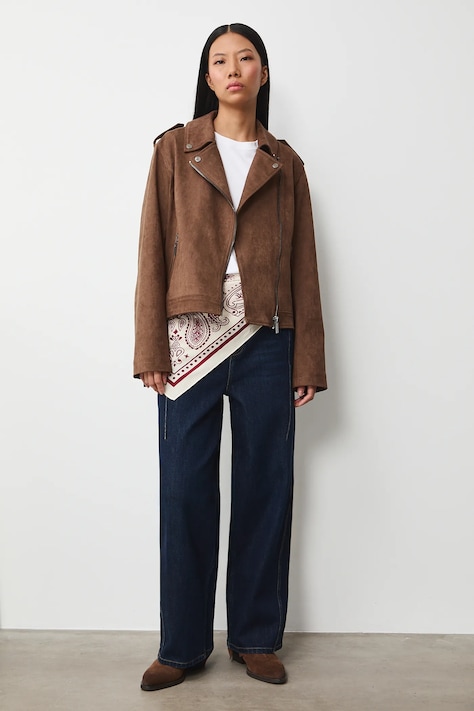 Kurtka biker damska z imitacji zamszu kolor brązowy RS26-KUD311