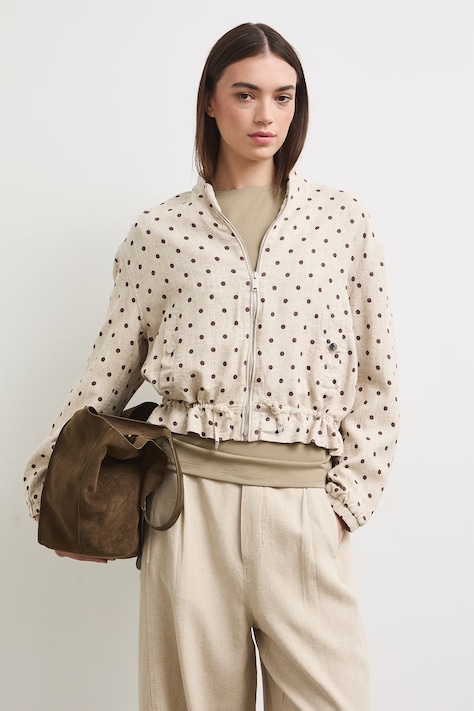 Bunda bomber dámska s ľanom s bodkovaným vzorom béžová RS26-KUD900