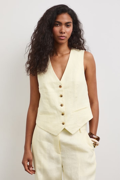 Kamizelka jednorzędowa damska lniana żółta RS26-KZD801