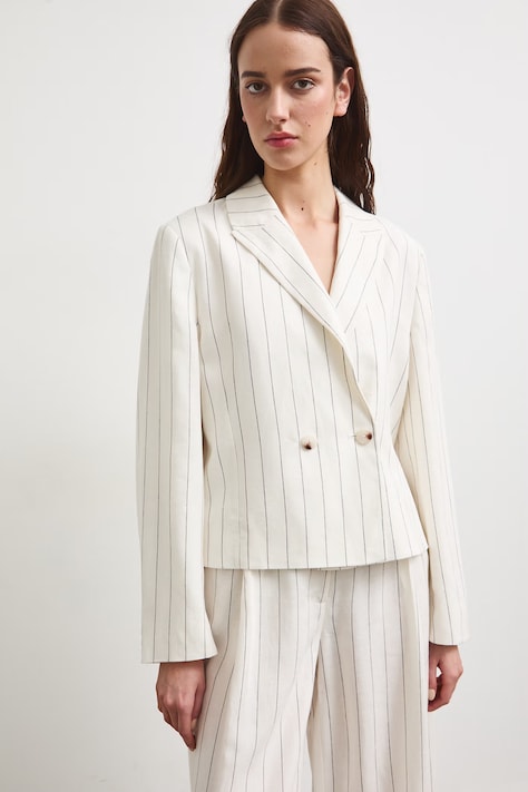 Marynarka dwurzędowa damska z dodatkiem lnu beżowa RS26-MKD900