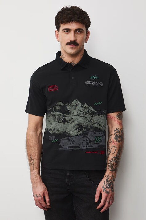 Medicine polo bawełniane męskie kolor czarny z nadrukiem