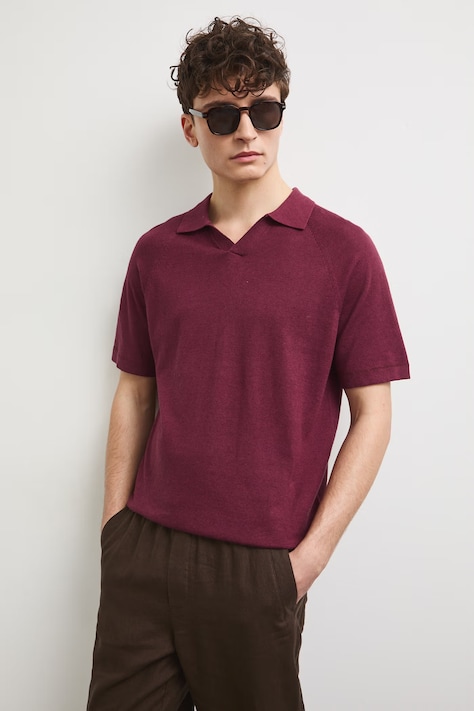 Polo męskie z lnem gładkie bordowe RS26-POM906