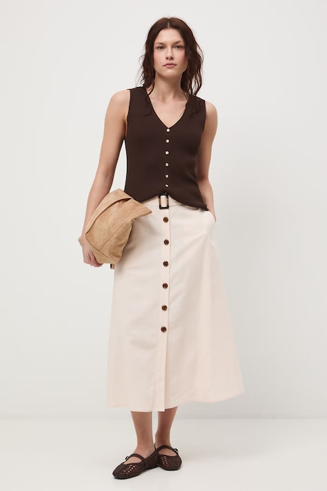 Spódnica trapezowa z dodatkiem lnu z paskiem beżowa RS26-SDD072