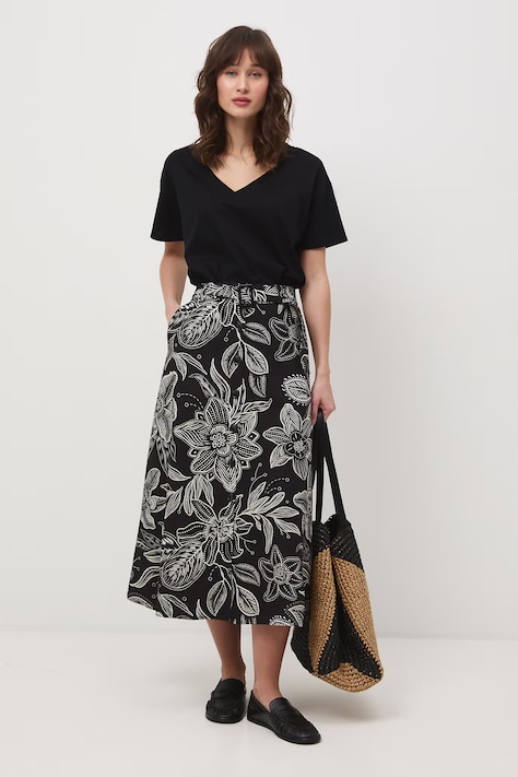 Spódnica trapezowa z dodatkiem lnu z paskiem czarna RS26-SDD072