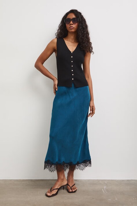 Medicine spódnica z cupro turkusowa z koronkowymi wstawkami