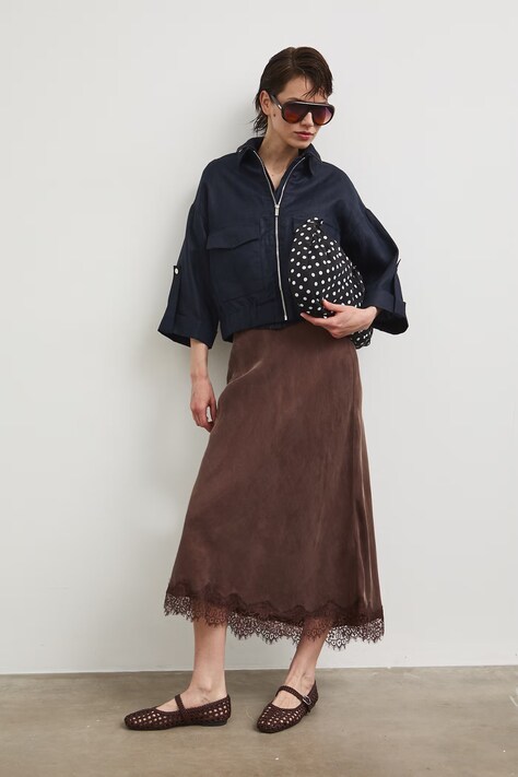 Medicine spódnica z cupro brązowa z koronkowymi wstawkami