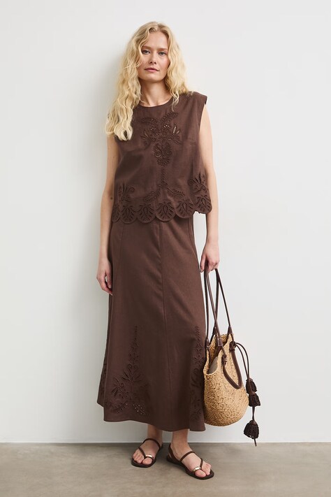 Medicine spódnica trapezowa z lnem brązowa