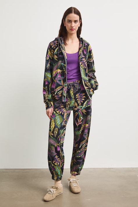 Spodnie dresowe damskie z motywem roślinnym czarne RS26-SPD092