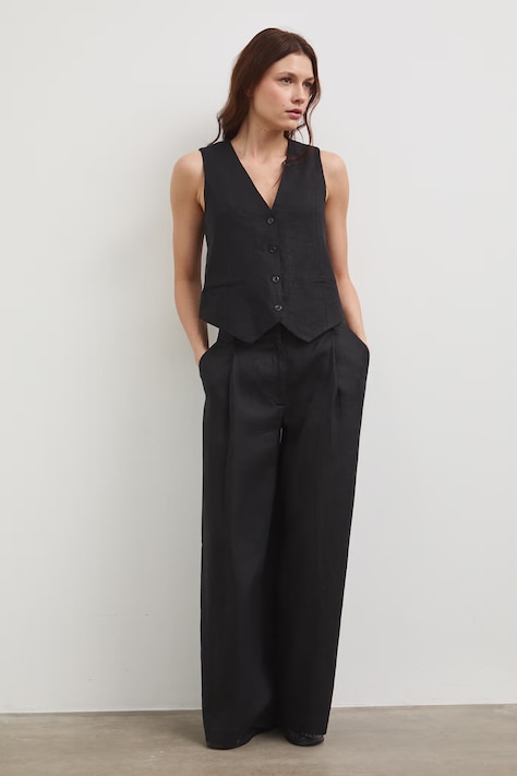 Spodnie wide leg damskie lniane czarne high waist RS26-SPD700