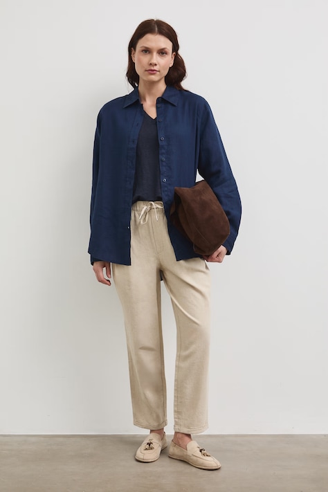 Spodnie chinos damskie z lnem beżowe regular waist RS26-SPD702