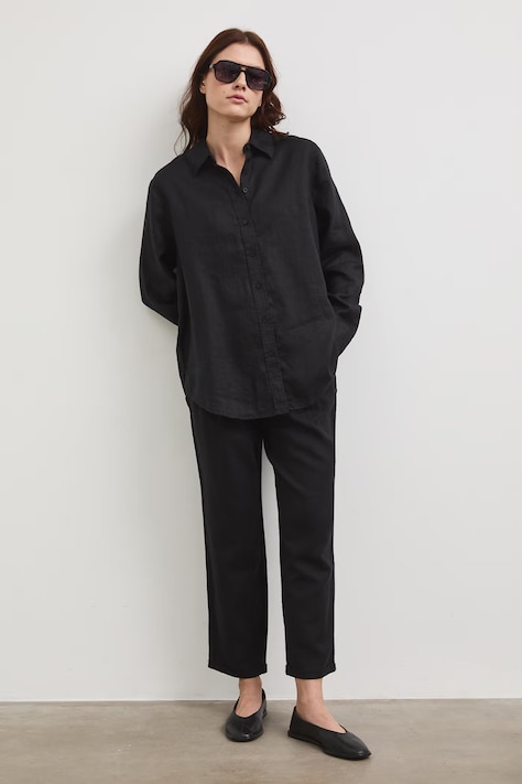 Medicine spodnie chinos damskie z lnem czarne regular waist