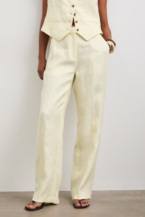 Spodnie straight damskie lniane gładkie żółte RS26-SPD800