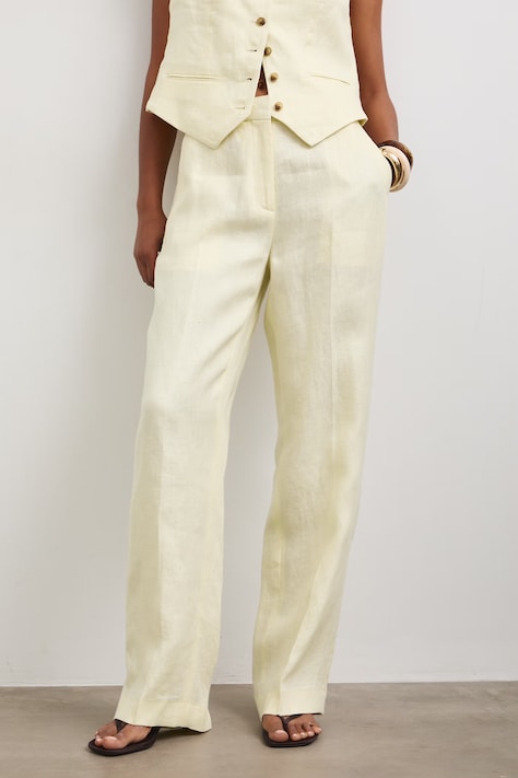 Spodnie straight damskie lniane gładkie żółte RS26-SPD800