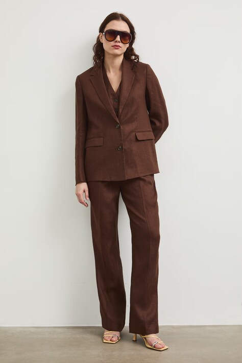 Medicine spodnie straight damskie lniane brązowe high waist