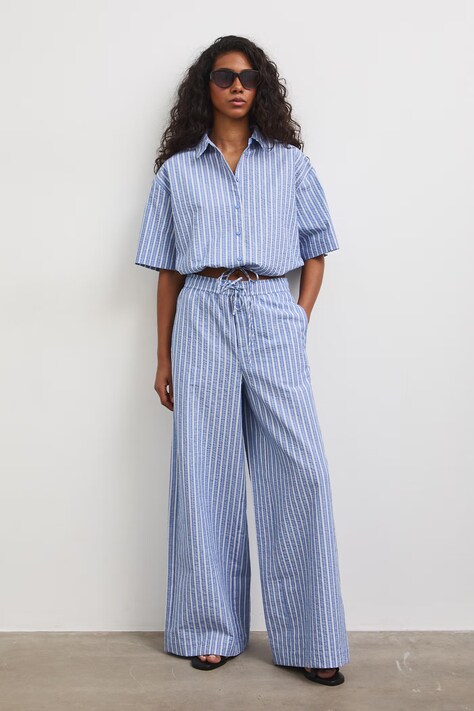 Spodnie wide leg damskie bawełniane niebieskie high waist RS26-SPD803