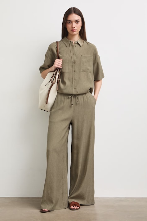 Spodnie wide leg damskie z wiskozą zielone regular waist RS26-SPD907