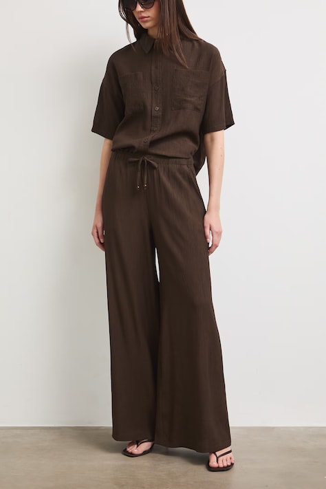 Spodnie wide leg damskie z wiskozą brązowe regular waist RS26-SPD907