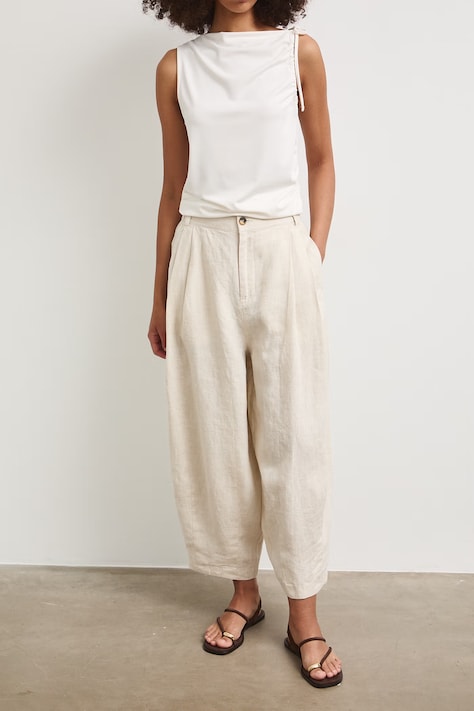 Spodnie slouchy damskie lniane beżowe RS26-SPDB00