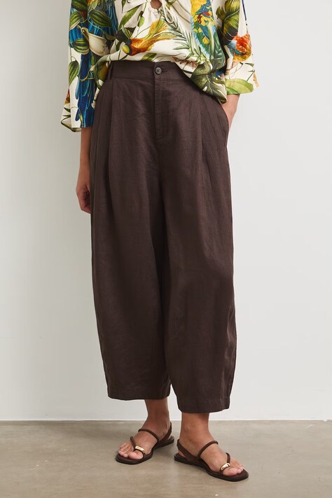 Spodnie slouchy damskie lniane brązowe RS26-SPDB00