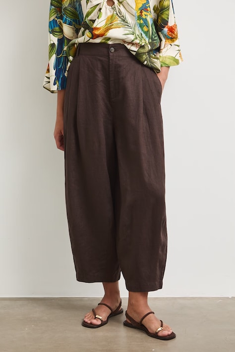 Spodnie slouchy damskie lniane brązowe RS26-SPDB00