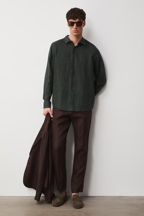 Medicine spodnie chinos męskie lniane brązowe regular waist