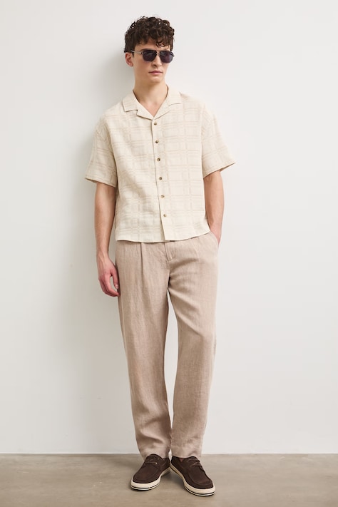 Spodnie chinos męskie lniane beżowe RS26-SPM901