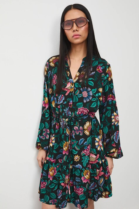 Sukienka damska mini z wiskozy wzorzysta kolor czarny RS26-SUD031