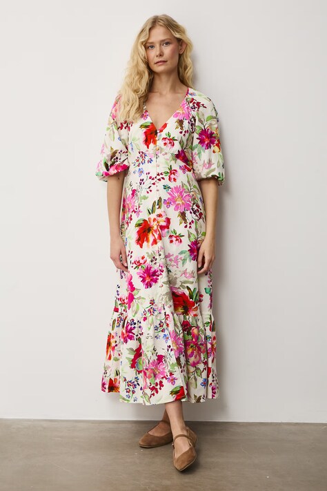 Medicine sukienka rozkloszowana z dodatkiem lnu beżowa