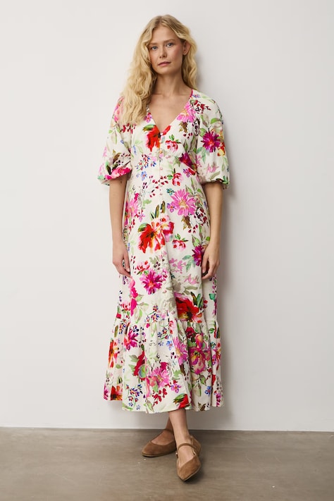 Medicine sukienka rozkloszowana z dodatkiem lnu beżowa